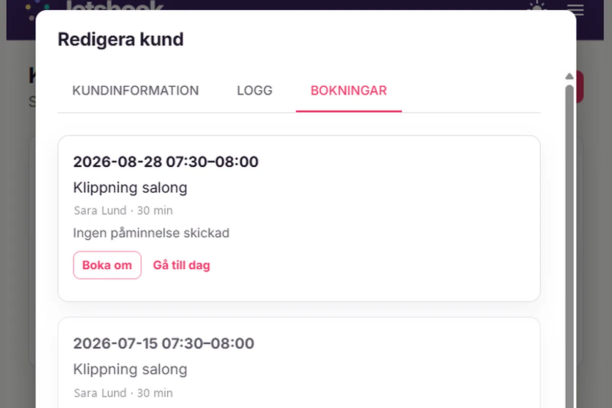 Kundens kort med besökshistoriken